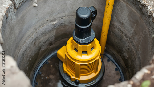 A yellow sump pump sits inside a concrete pit, ready to remove water and prevent flooding in a basement or crawlspace.
