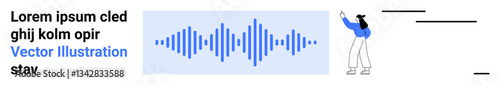 Audio waveform element centered alongside a person gesturing towards it, accompanied by stylized text rows. Ideal for audio analysis, sound processing, podcasting, technology, creativity, education