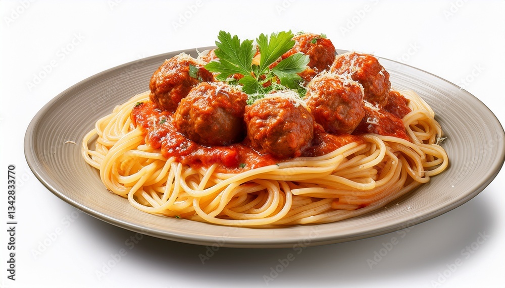 A plate of spaghetti with meatballs served on a rustic wooden table. The spaghetti is covered in a rich, red marinara sauce with juicy, golden-brown meatballs on top, garnished with fresh basil