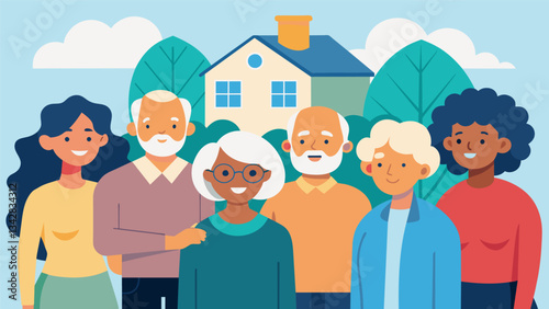 A group of retirees from different backgrounds come together at a retirement home to pool their resources and manage their retirement savings through their investment club.. Vector illustration