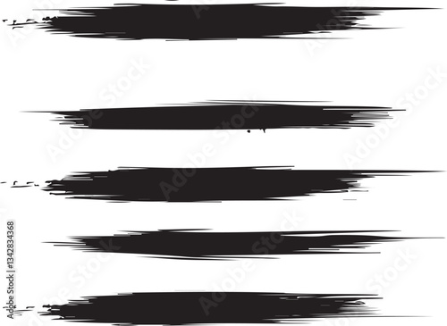 Abstract black ink brush strokes with horizontal lines, grunge texture, and splatter effect on a white background, featuring a minimalist, high-contrast monochrome design with rough artist