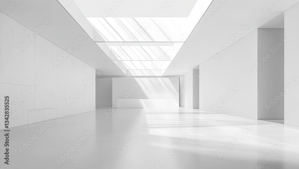 Empty white modern hall with skylights Empty white modern hall with skylights