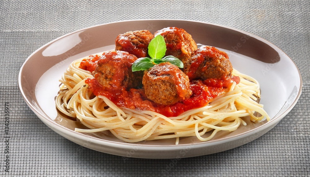 A plate of spaghetti with meatballs served on a rustic wooden table. The spaghetti is covered in a rich, red marinara sauce with juicy, golden-brown meatballs on top, garnished with fresh basil leaves A plate of spaghetti with meatballs served on a rustic wooden table. The spaghetti is covered in a rich, red marinara sauce with juicy, golden-brown meatballs on top, garnished with fresh basil leaves