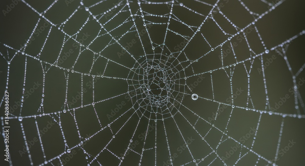 Fototapeta premium Close-up of a dew-covered spider web glistening in morning light, nature's artistry