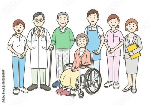 高齢者夫婦と医師と看護師と介護士とケアマネージャーが集合した全身イラスト