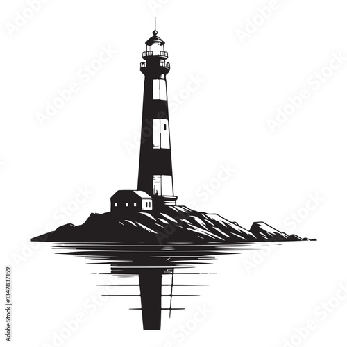 Lighthouse on Rocky Island Vector Illustration Nautical Navigation Beacon