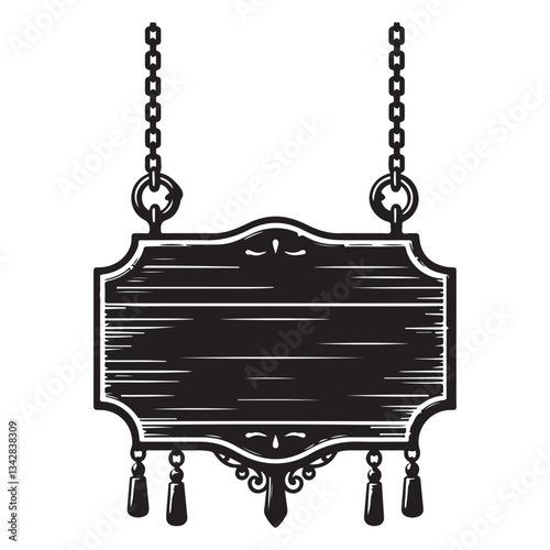 Ornate Hanging Sign Silhouette Vector Graphic Wood Design