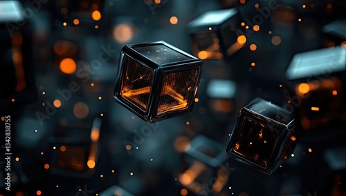 Floating cubes in dark space with glowing particles photo