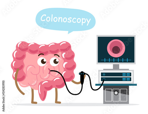 Colonoscopy . Intestine cartoon character and endoscopy machine . White isolated background . Vector .