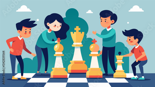The delicate movements of the chess pieces were accompanied by the sound of soft whispers as the members of the school chess club plotted their strategies.. Vector illustration