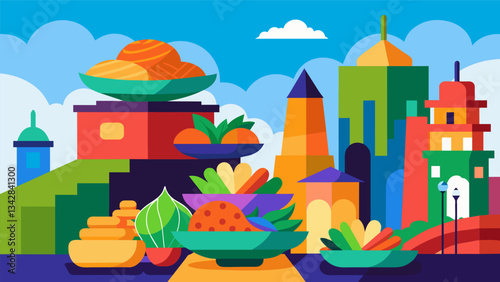 The bustling energy of the street is matched only by the vibrant colors of the curtido a mix of cabbage carrots and onion that adorns the tower of yucca and pork on each plate.. Vector illustration