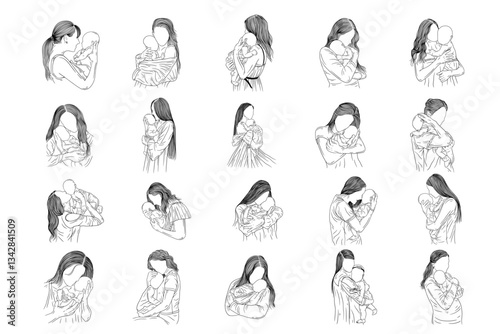 Set of mothers holding babies in various poses.