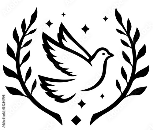 Silhouette of Dove with Wings Spread, Olive Branches and Small Stars, Peace, Hope, Freedom and Harmony, Global Unity.