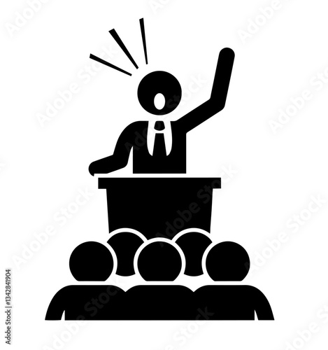 Silhouette of Person Speaking with Raised Hand at Podium, Audience in Front, Person Shown Speaking, Emotional Public Speaking and Populist Views .government, politics, leadership, debate, public speak