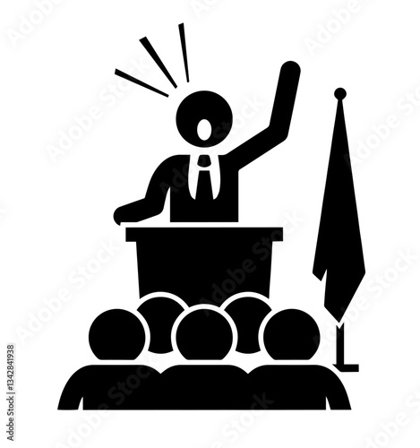 Silhouette of President Speaking with Raised Hand at Podium, Audience Listening, Flag Nearby, Representing Political Speech, Populist Views, and Public Address. Opposition.democratic speech, governmen