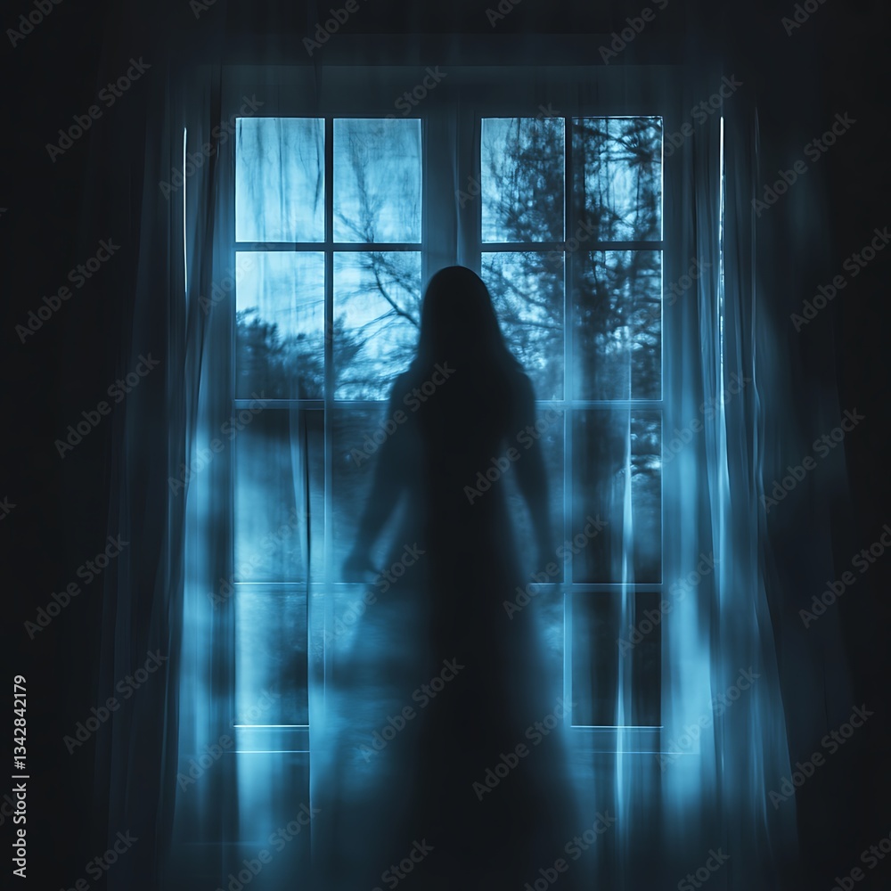 Ghostly Figure at Night Window. Ghostly Figure at Night Window.