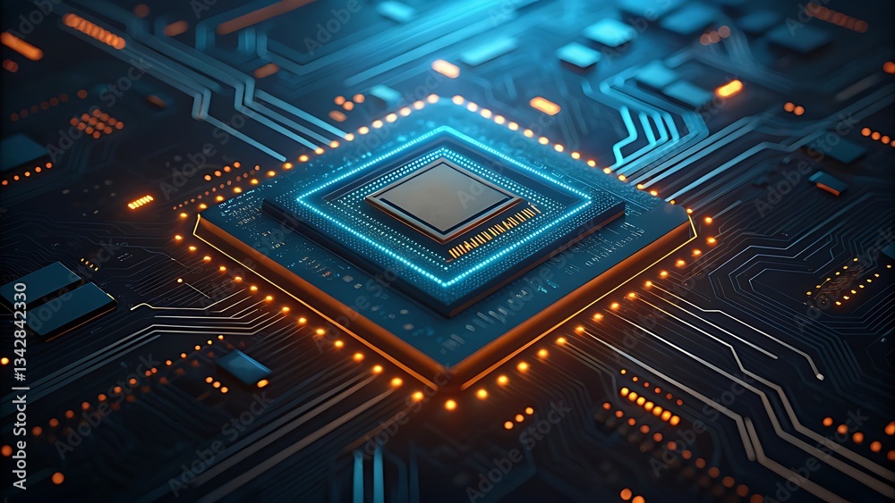 Obraz premium Futuristic Microchip embedded,High-Tech circuit board, Advanced computing, AI technology, semiconductor innovation. highlights driving digital transformation, automation,next-generation computing 