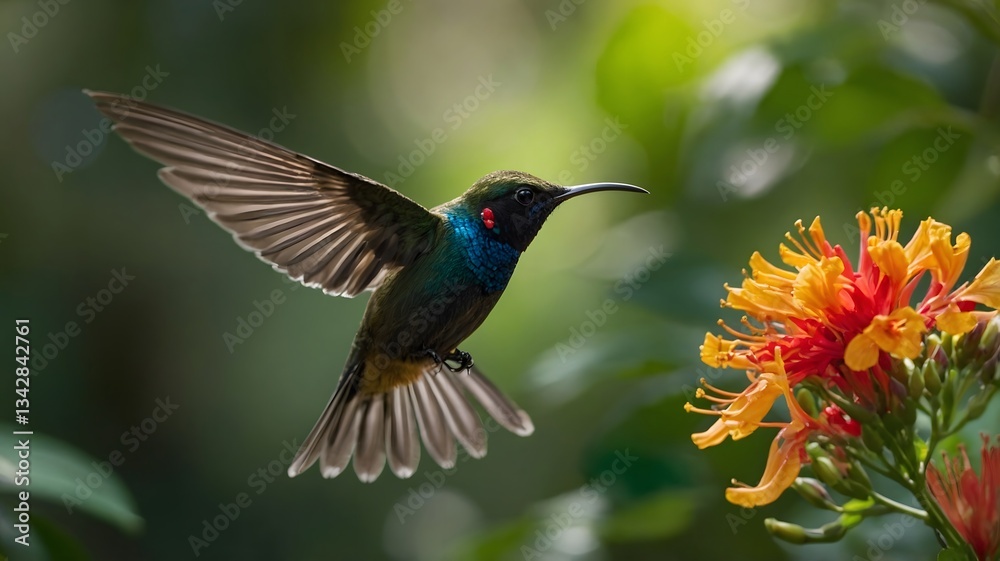 Fototapeta premium Sun bird Hovering in Mid-Flight, Gathering Nectar from Flowers in the Jungle Canopy
