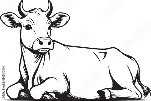 Resting Cow Vector Black and White Outline