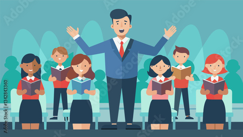 The choral director stood at the front of the class conducting the students with precise hand movements as they sang an uplifting tune.. Vector illustration