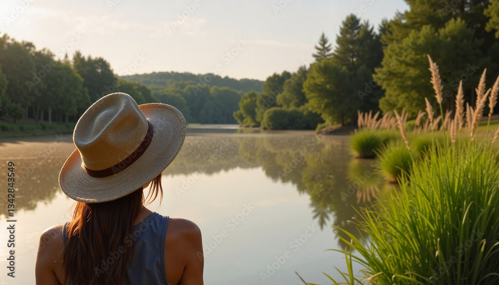 Fototapeta premium Woman wearing hat contemplating by serene lake