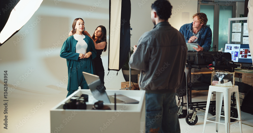 Obraz premium Photography, studio and photographer with model on set for creative, about us or career. Media, production and female person with behind the scenes photoshoot for fashion magazine cover with agency