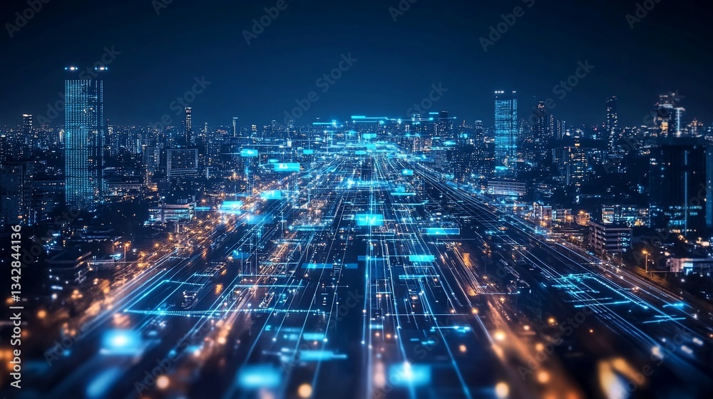 Futuristic Cityscape: Digital Connectivity and Data Flow in Urban Network