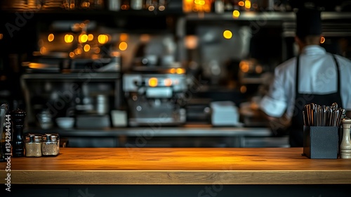 Empty bar counter for chef at work, restaurant blur.