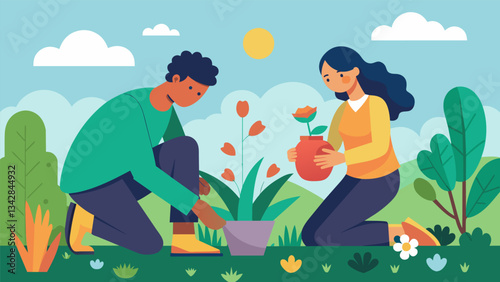 A couple struggling with mental health issues find solace in their garden as they work side by side nurturing their plants and their relationship.. Vector illustration