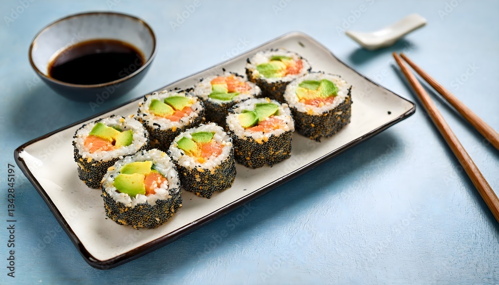 A minimalist, artistic plate of homemade sushi rolls made with quinoa, fresh salmon, avocado. A minimalist, artistic plate of homemade sushi rolls made with quinoa, fresh salmon, avocado.