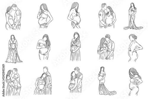 line art illustrations depicting pregnant couples in various poses.