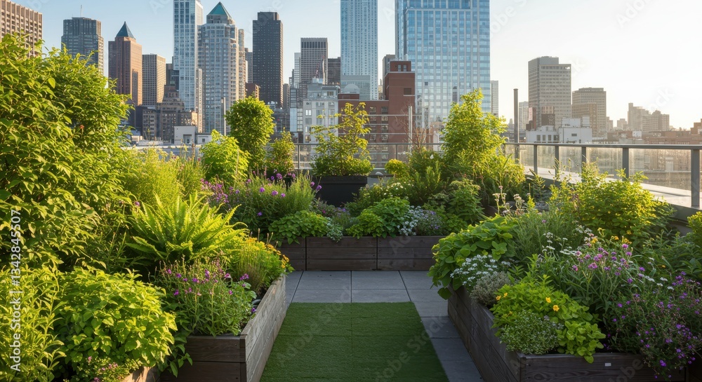 Fototapeta premium Rooftop Garden Oasis with Lush Greenery Overlooking Urban Skyline at Sunset