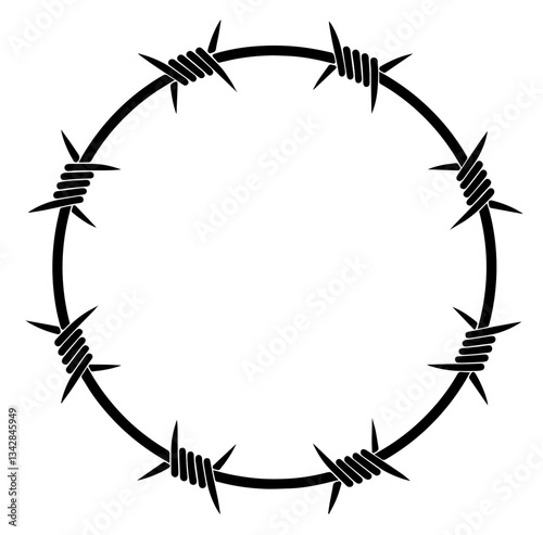 Circular Frame Made of Barbed Wire Forming a Closed Circle with Six Evenly Spaced Knots and Spikes, Confinement, Security, Boundaries or Prison 