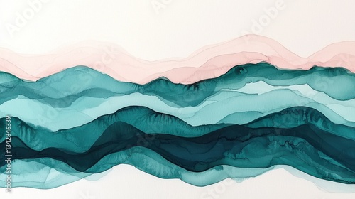 Elegant Abstract Waves in Cool Tones of Teal and Soft Pink