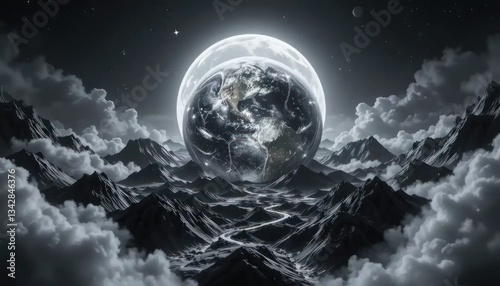 Monochromatic Dreamscape: Radiant Earth Merged with Lunar Sphere Above Mountainous Terrain