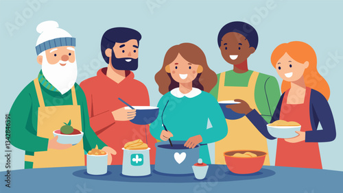 A group of individuals volunteering at a soup kitchen and showing gratitude for the simple things in life such as a warm meal.. Vector illustration