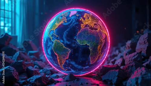 Futuristic earth globe in a world destroyed, symbolizing technological future