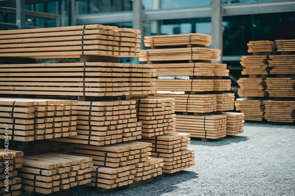Neatly stacked bundles of lumber, various sizes, awaiting use in construction projects. The wood is lightcolored and looks freshly cut. The background shows a modern building. Neatly stacked bundles of lumber, various sizes, awaiting use in construction projects. The wood is lightcolored and looks freshly cut. The background shows a modern building.