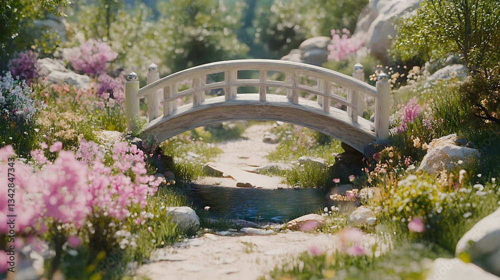 Fototapeta premium Serene garden White bridge over stream, flowers bloom, peaceful landscape scene