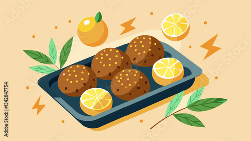 A tray of energy bites with a variety of flavors including zesty lemon and ginger perfect for giving you the boost you need to crush your preworkout. Vector illustration