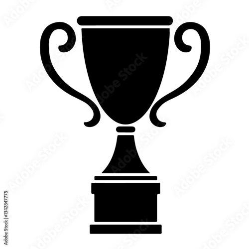 Black silhouette of a trophy with two handles on the sides, standing on a pedestal,  victory and achievement in sports competitions and awards