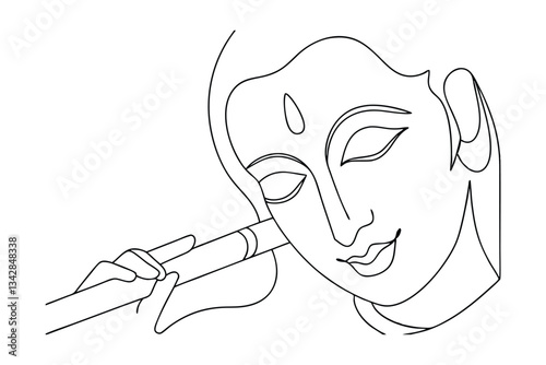Serene Krishna Line Art Flute, Peaceful, Divine, Hindu, God, Spiritual, Indian, Deity, Portrait, Bah