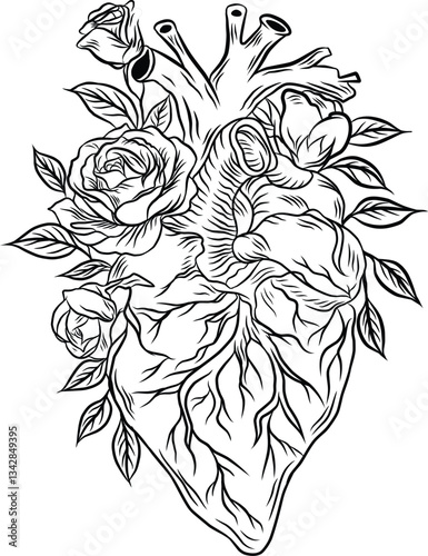 Hand-drawn anatomical heart with floral elements