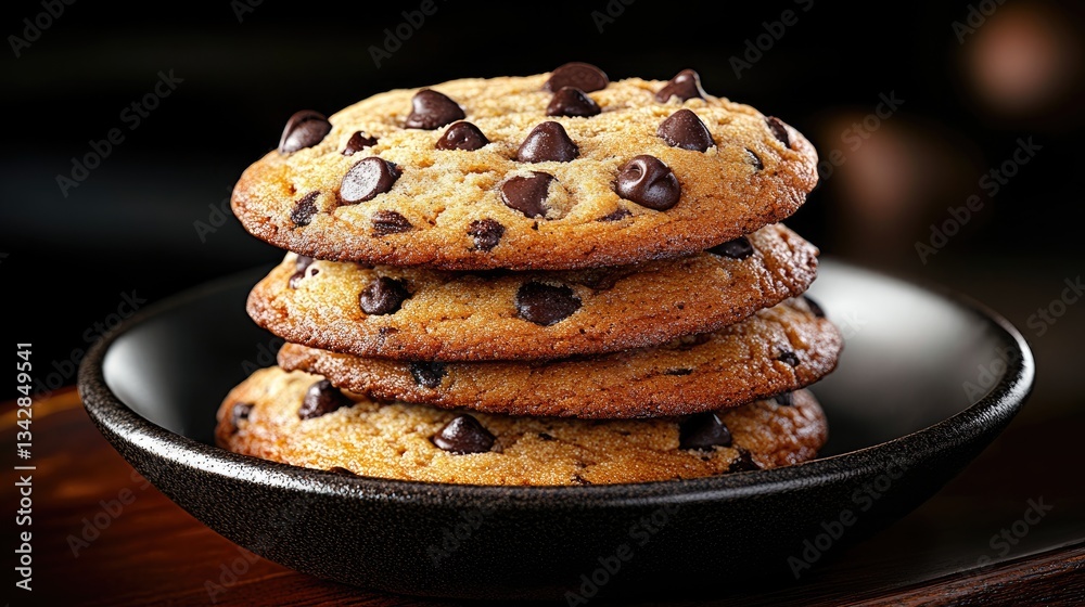 A stack of chocolate chip cookies, each with perfectly browned edges and melty chocolate bits, on a cooling rack. Soft light from the kitchen window. A stack of chocolate chip cookies, each with perfectly browned edges and melty chocolate bits, on a cooling rack. Soft light from the kitchen window.