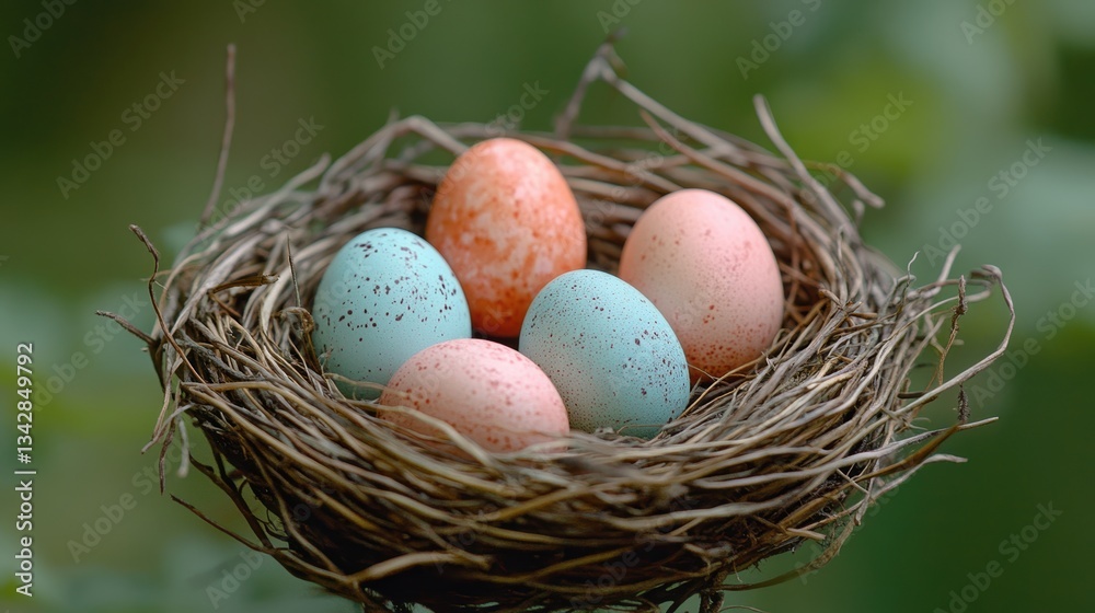 A cluster of pastel-hued Easter eggs nestled in a woven nest, a symbol of new beginnings and the joy of the holiday season. A cluster of pastel-hued Easter eggs nestled in a woven nest, a symbol of new beginnings and the joy of the holiday season.