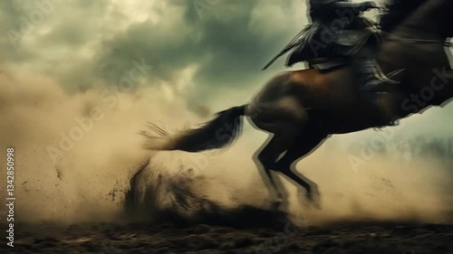 The knight proudly rode his horse into battle, clad in shining armor and ready to defend.