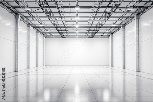 Bright empty industrial interior with modern architecture and clean layout.