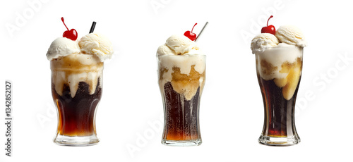 Root beer float with vanilla ice cream and cherry on a transparent background