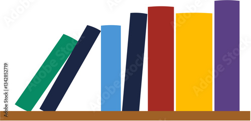 
A minimalist vector illustration of colorful books arranged on a wooden shelf. Perfect for educational, library, and reading-related designs.