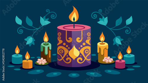 A large ornately decorated candle in the center of the corner with smaller tea lights tered around it.. Vector illustration